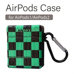 AirPodsケース 保護ケース Apple Airpods 1/2 イヤホン 保護カバー 指リング 落下防止 ストラップ 市松模様 緑と黒 チェッカー